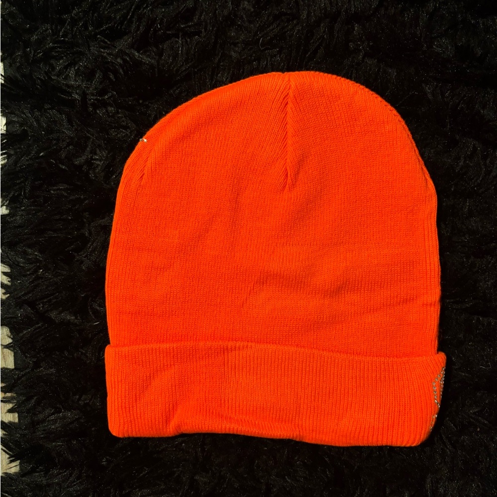 Vibrant Orange Beanie with Rhinestone Web Design - Picture 3 of 4
